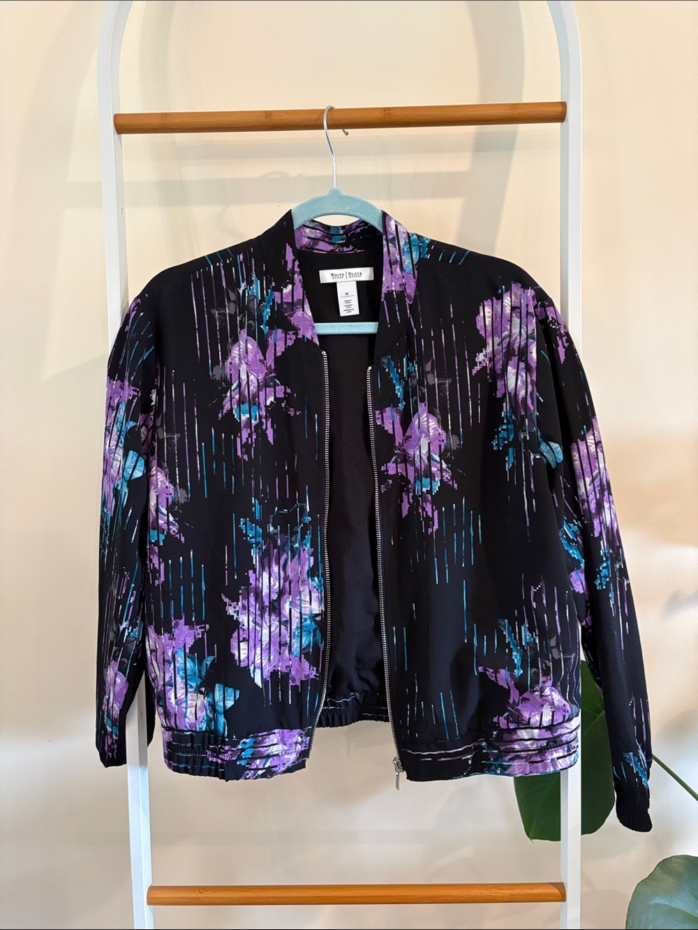 White House Black Market Black Floral & Teal Purple Bomber Jacket